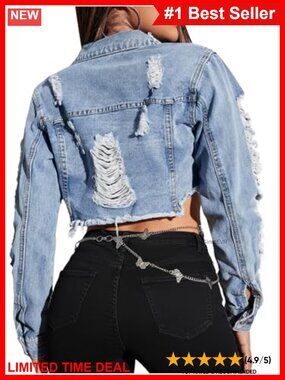 Cropped Distressed Denim Jacket Ripped Raw Hem Frayed Jean Jacket